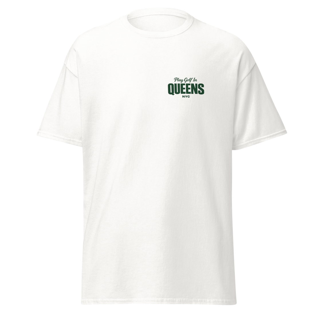 Queens Country Club Golf Society tee in White, front view with Play Golf in Queens NYC chest print