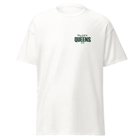 Queens Country Club Golf Society tee in White, front view with Play Golf in Queens NYC chest print