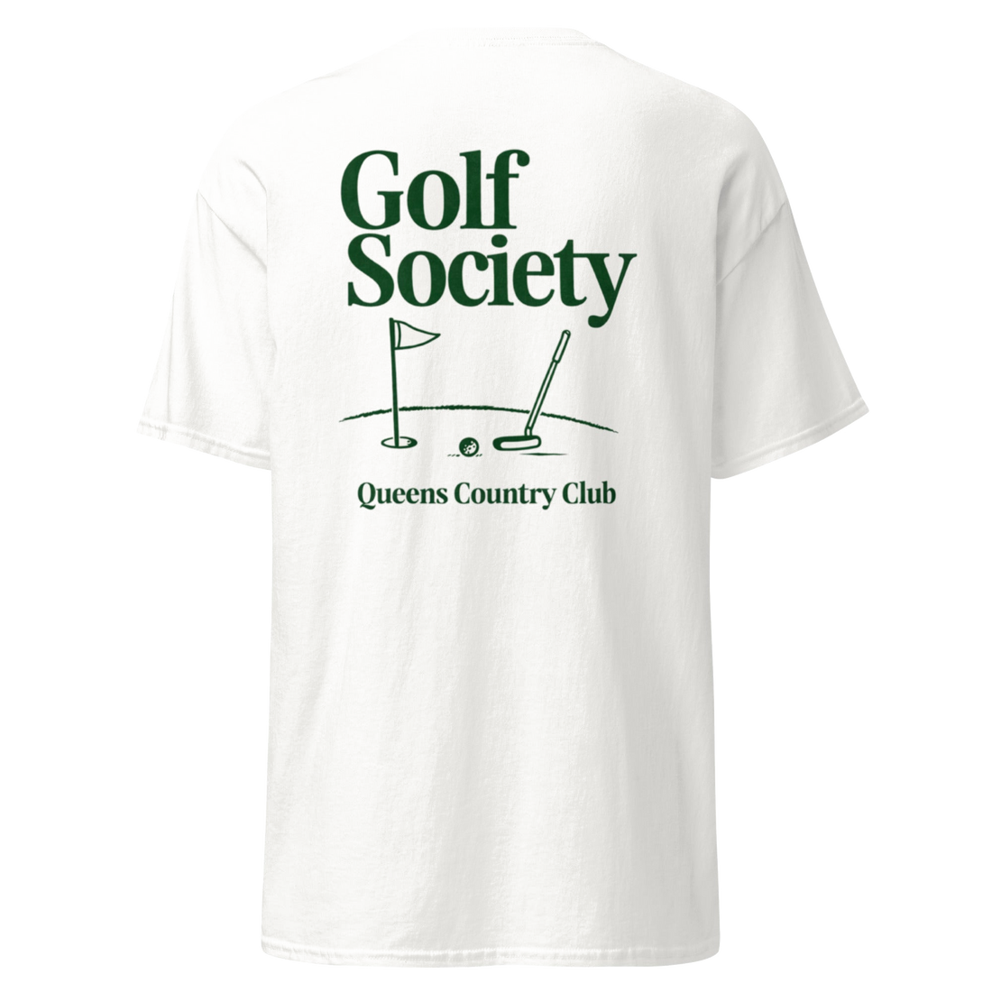 Queens Country Club Golf Society tee in White, back view with flagstick and putter graphic