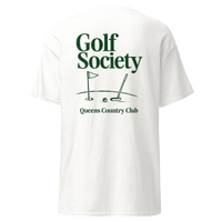 Queens Country Club Golf Society tee in White, back view with flagstick and putter graphic
