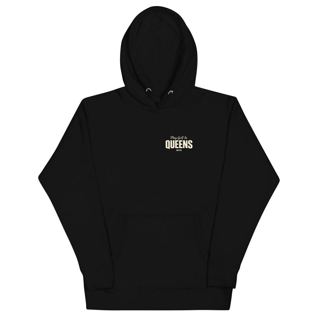 Queens Country Club Golf Society hoodie in Black, front view with Play Golf in Queens NYC chest print