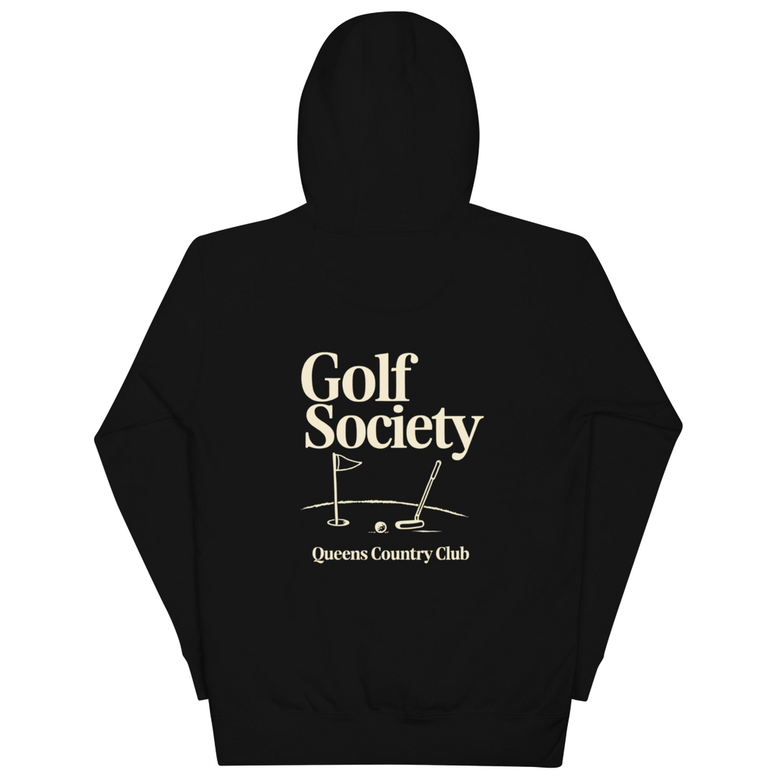 Queens Country Club Golf Society hoodie in Black, back view with putting green, flagstick and putter graphic