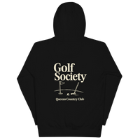 Queens Country Club Golf Society hoodie in Black, back view with putting green, flagstick and putter graphic