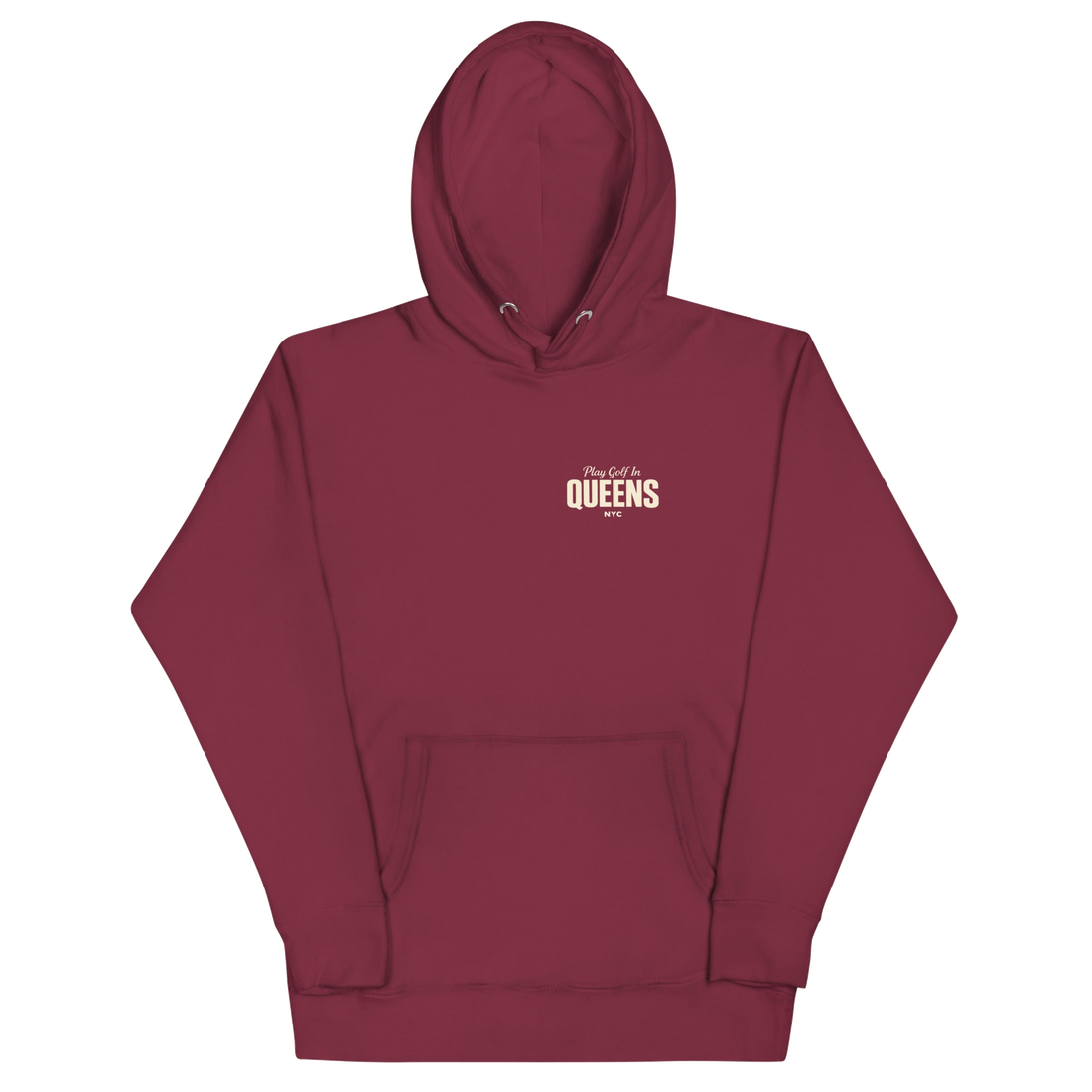 Queens Country Club Golf Society hoodie in Maroon, front view with Play Golf in Queens NYC chest print