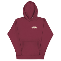 Queens Country Club Golf Society hoodie in Maroon, front view with Play Golf in Queens NYC chest print