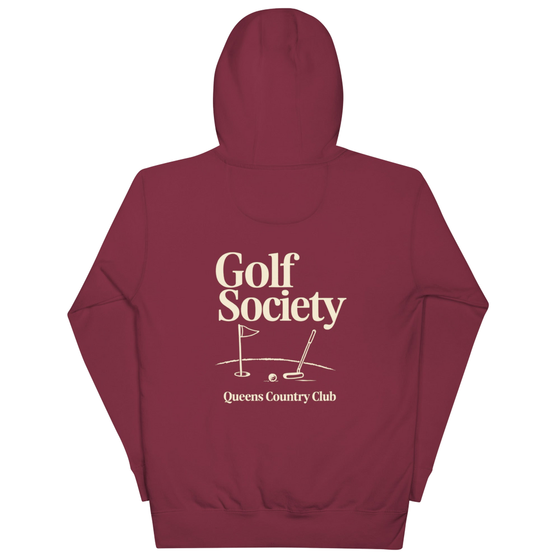 Queens Country Club Golf Society hoodie in Maroon, back view with putting green, flagstick and putter graphic