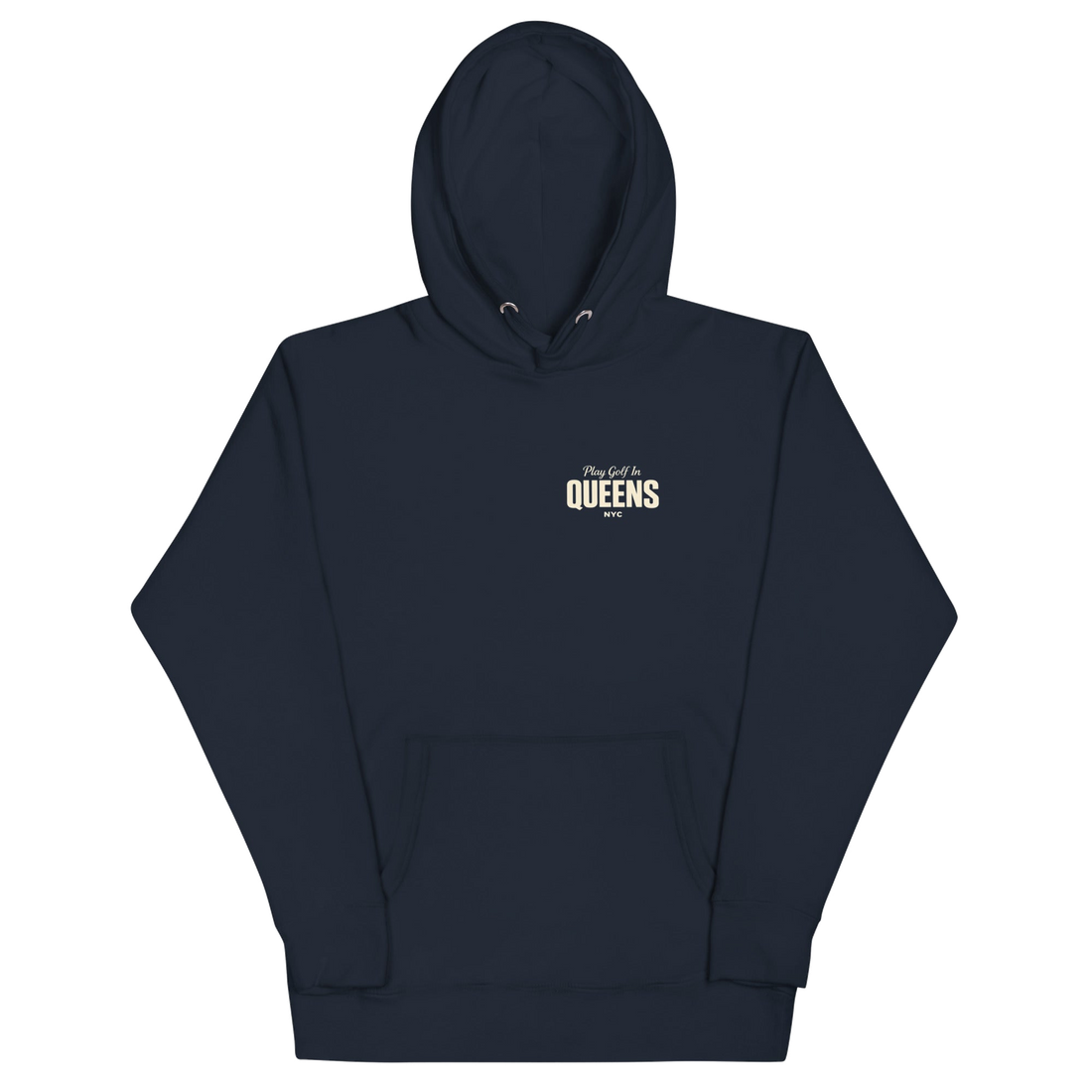 Queens Country Club Golf Society hoodie in Navy Blazer, front view with Play Golf in Queens NYC chest print