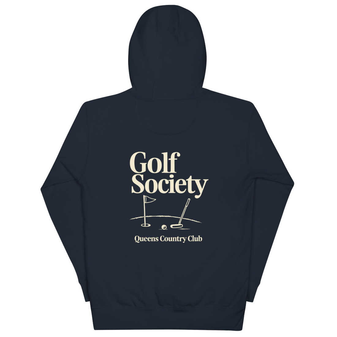 Queens Country Club Golf Society hoodie in Navy Blazer, back view with putting green, flagstick and putter graphic