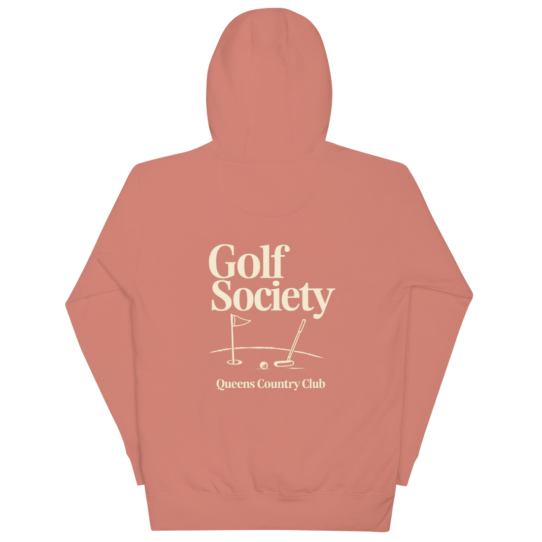 Queens Country Club Golf Society hoodie in Dusty Rose, back view with putting green, flagstick and putter graphic