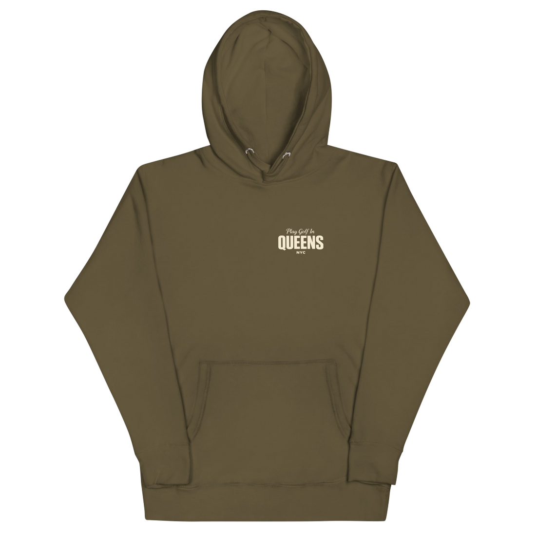 Queens Country Club Golf Society hoodie in Military Green, front view with Play Golf in Queens NYC chest print