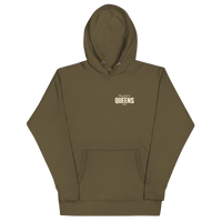 Queens Country Club Golf Society hoodie in Military Green, front view with Play Golf in Queens NYC chest print