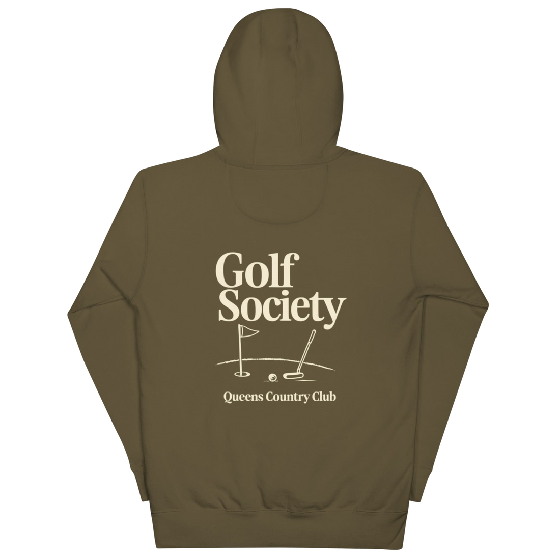 Queens Country Club Golf Society hoodie in Military Green, back view with putting green, flagstick and putter graphic