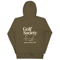 Queens Country Club Golf Society hoodie in Military Green, back view with putting green, flagstick and putter graphic