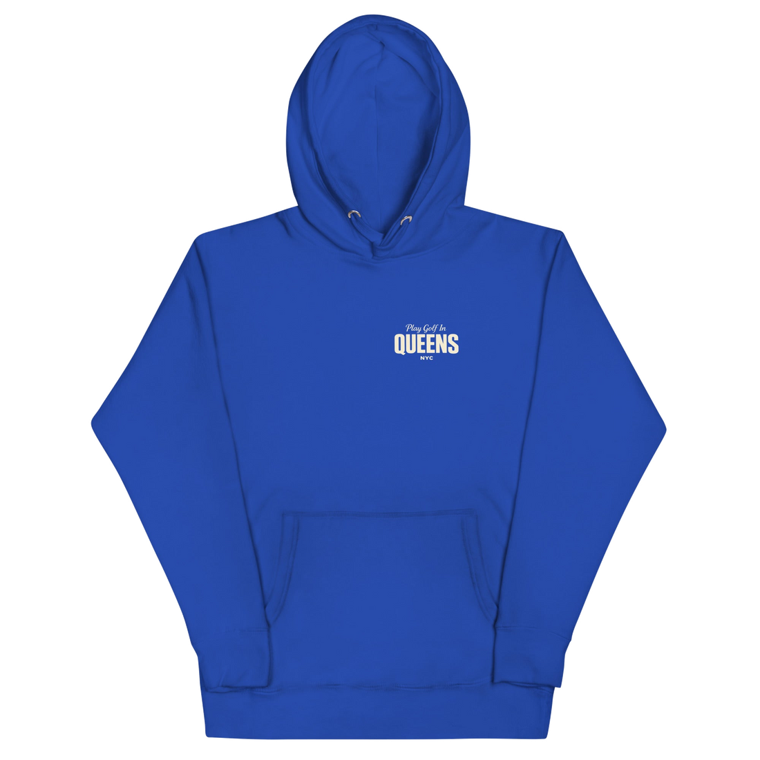 Queens Country Club Golf Society hoodie in Team Royal, front view with Play Golf in Queens NYC chest print
