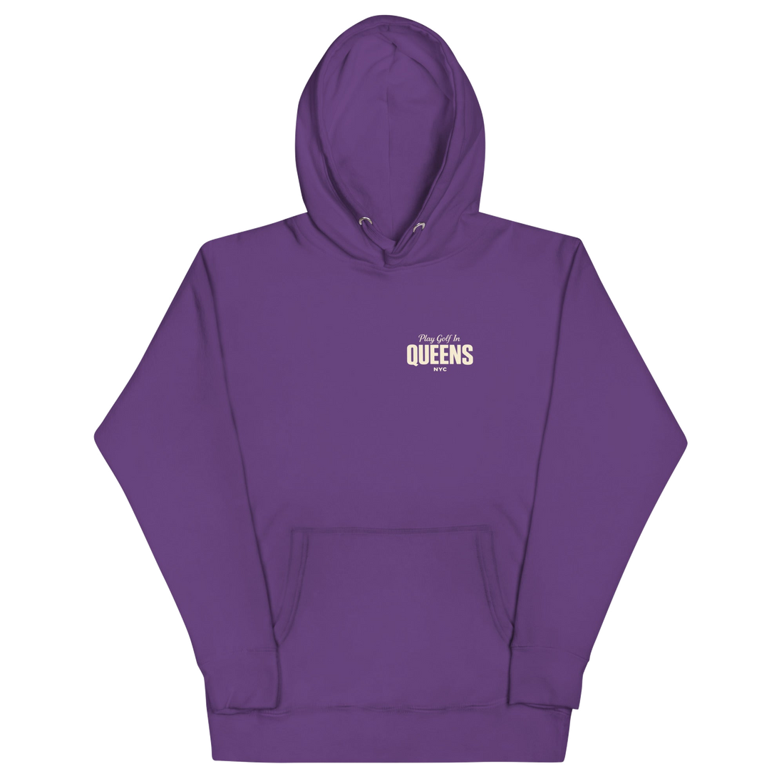 Queens Country Club Golf Society hoodie in Purple, front view with Play Golf in Queens NYC chest print