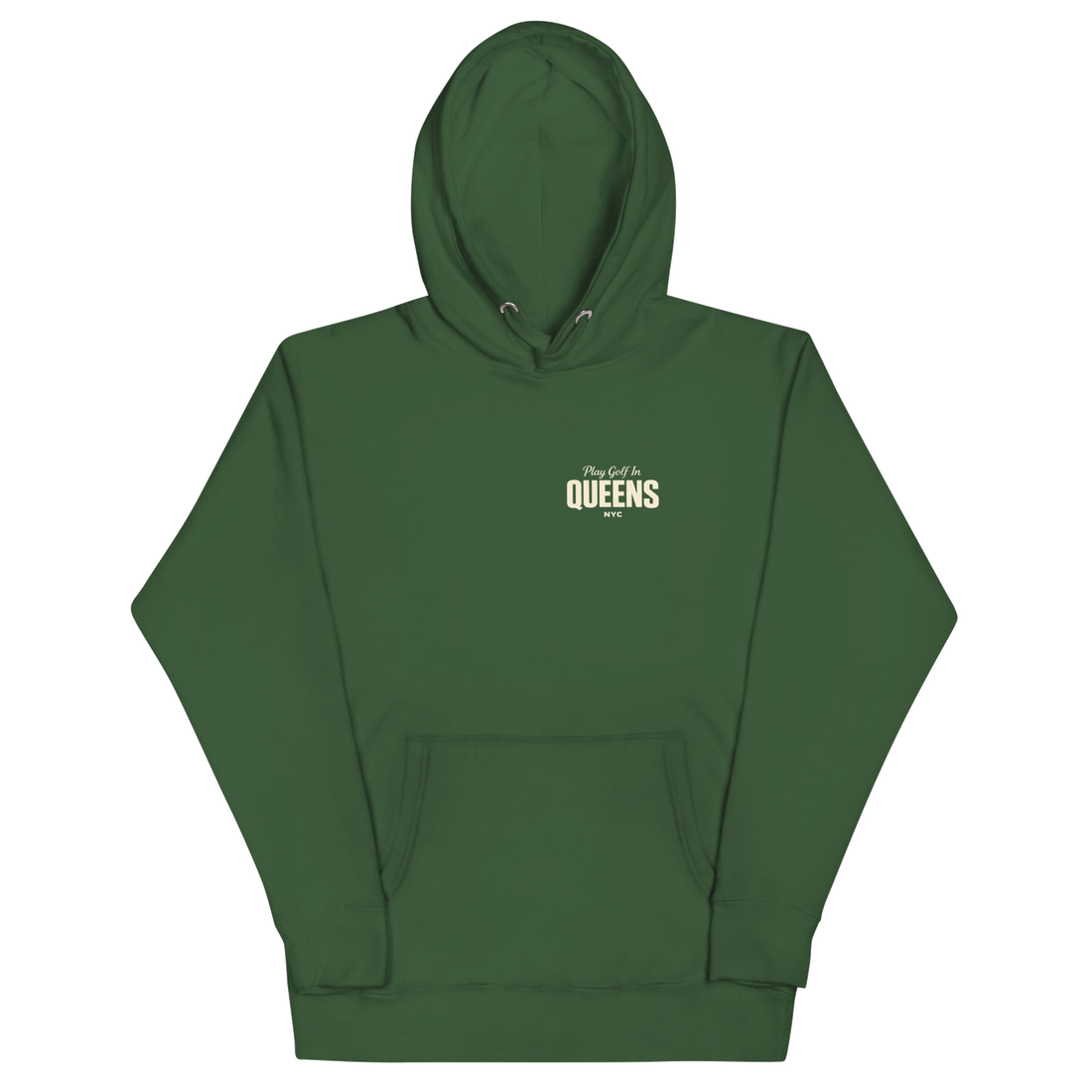 Queens Country Club Golf Society hoodie in Forest Green, front view with Play Golf in Queens NYC chest print