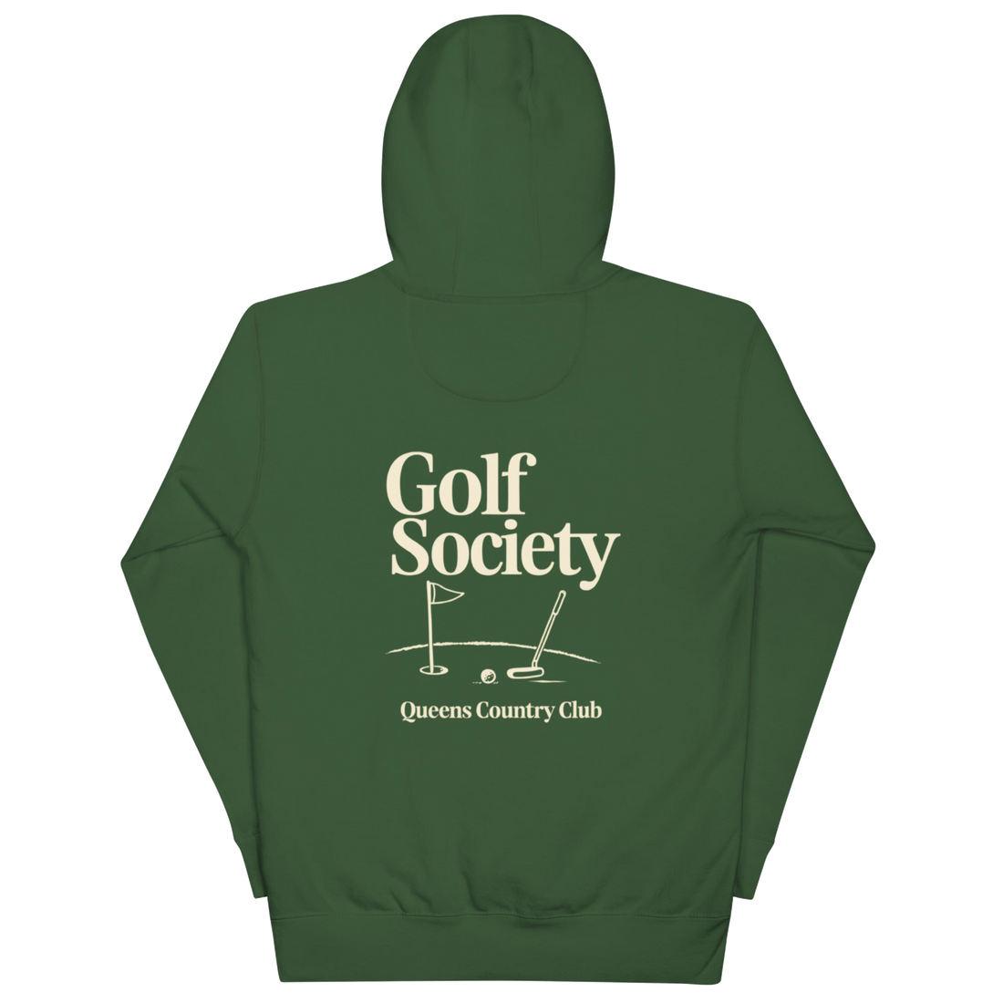 Queens Country Club Golf Society hoodie in Forest Green, back view with putting green, flagstick and putter graphic