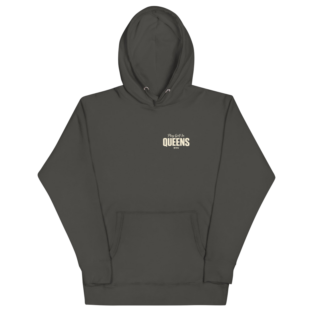 Queens Country Club Golf Society hoodie in Vintage Black, front view with Play Golf in Queens NYC chest print