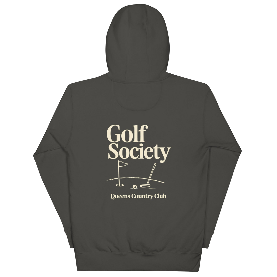 Queens Country Club Golf Society hoodie in Vintage Black, back view with putting green, flagstick and putter graphic