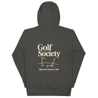 Queens Country Club Golf Society hoodie in Vintage Black, back view with putting green, flagstick and putter graphic