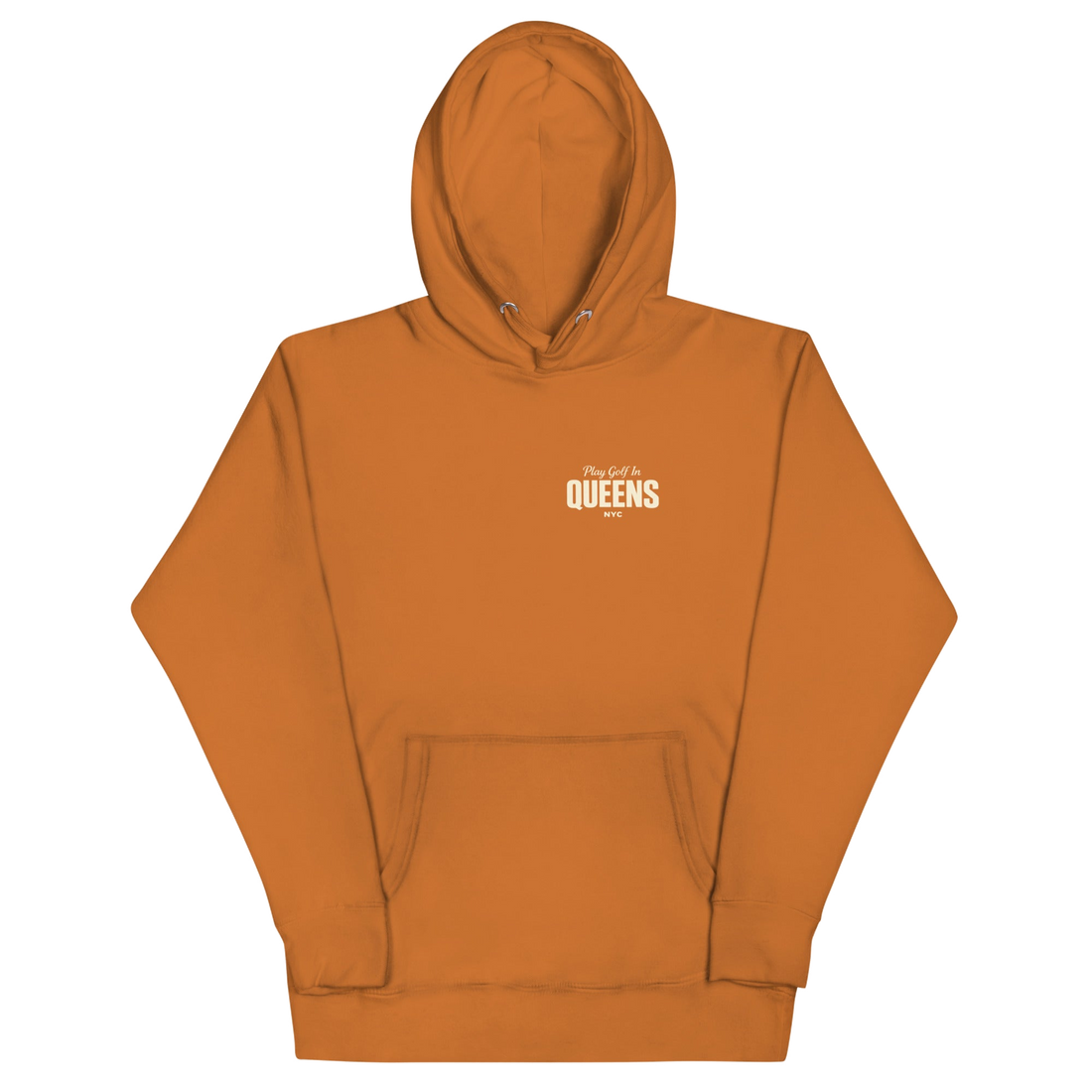 Queens Country Club Golf Society hoodie in Adobe, front view with Play Golf in Queens NYC chest print