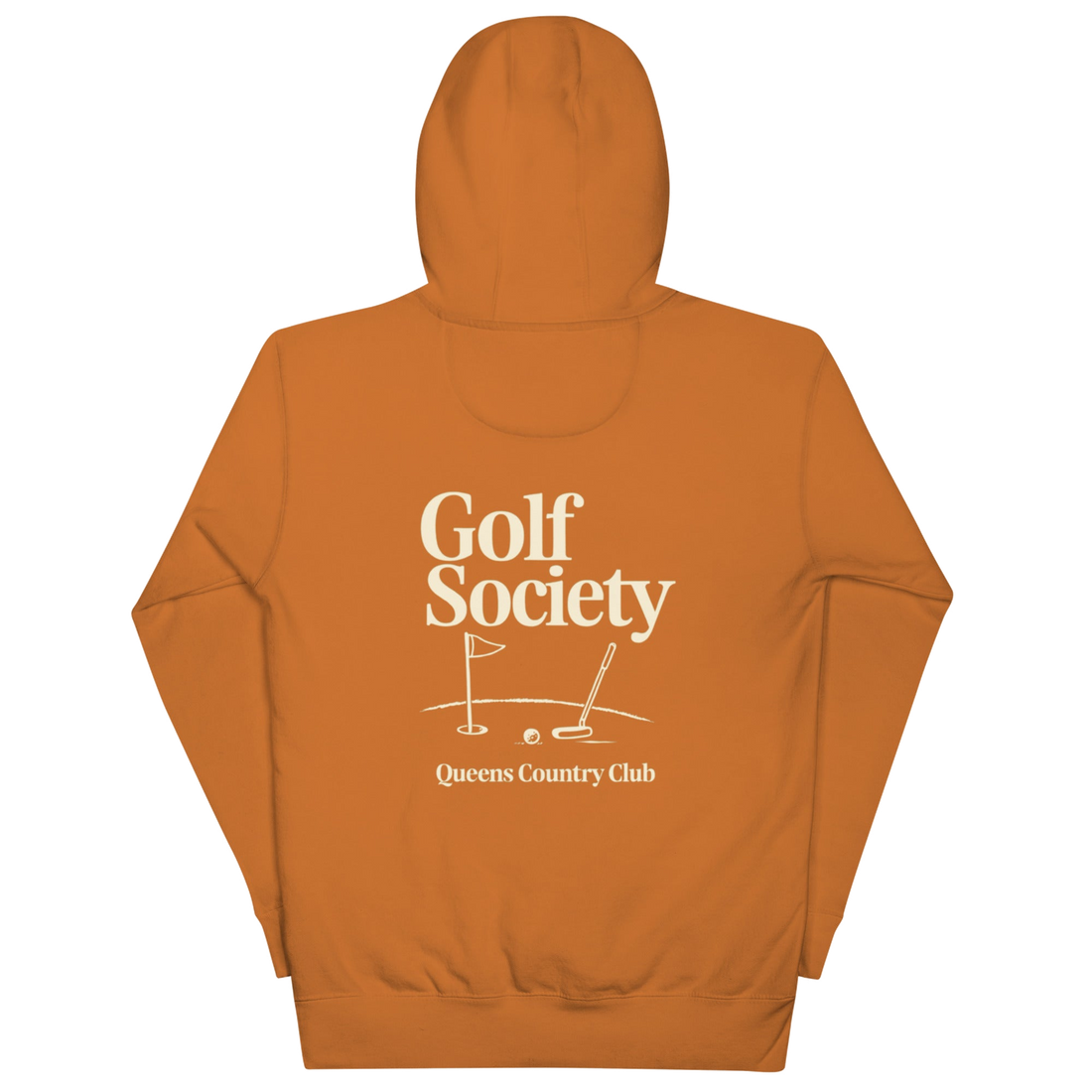 Queens Country Club Golf Society hoodie in Adobe, back view with putting green, flagstick and putter graphic