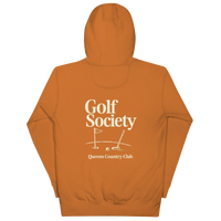 Queens Country Club Golf Society hoodie in Adobe, back view with putting green, flagstick and putter graphic