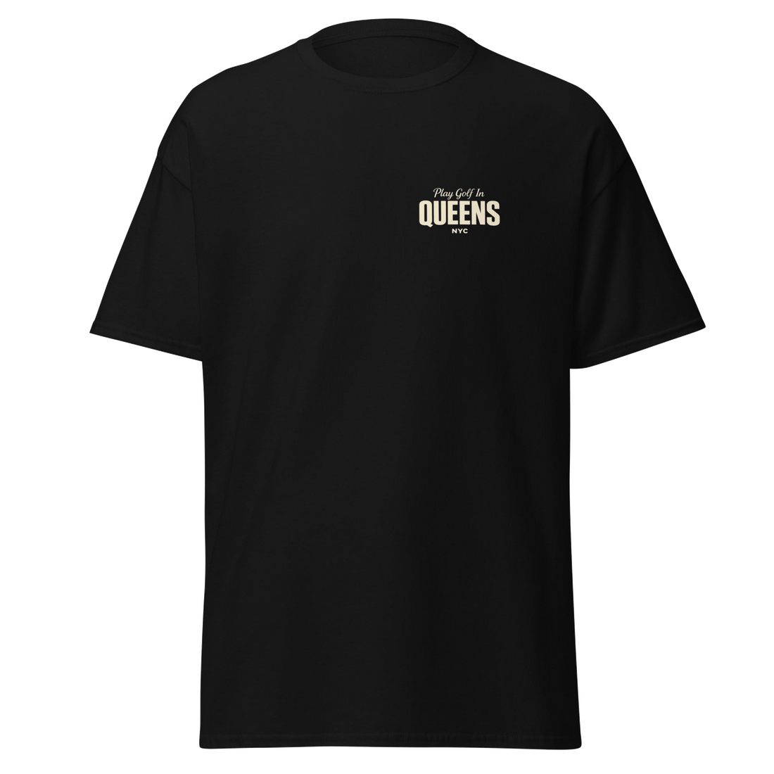Queens Country Club Golf Society tee in Black, front view with Play Golf in Queens NYC chest print