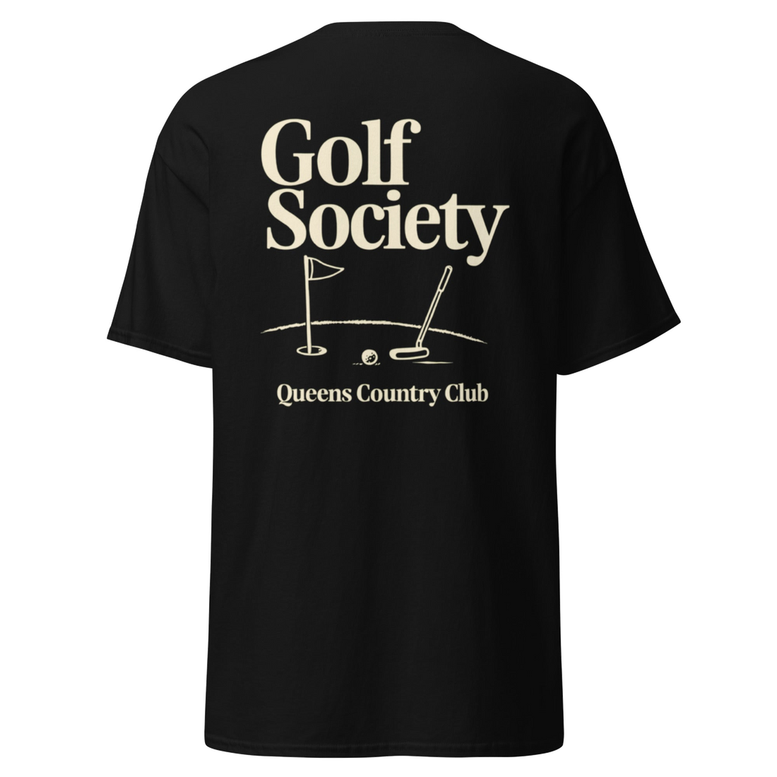 Queens Country Club Golf Society tee in Black, back view with flagstick and putter graphic