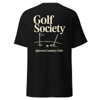 Queens Country Club Golf Society tee in Black, back view with flagstick and putter graphic