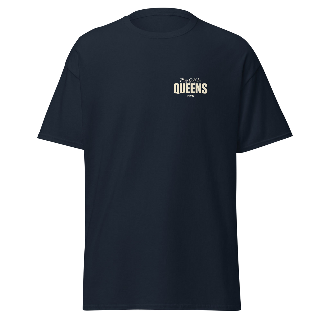 Queens Country Club Golf Society tee in Navy, front view with Play Golf in Queens NYC chest print