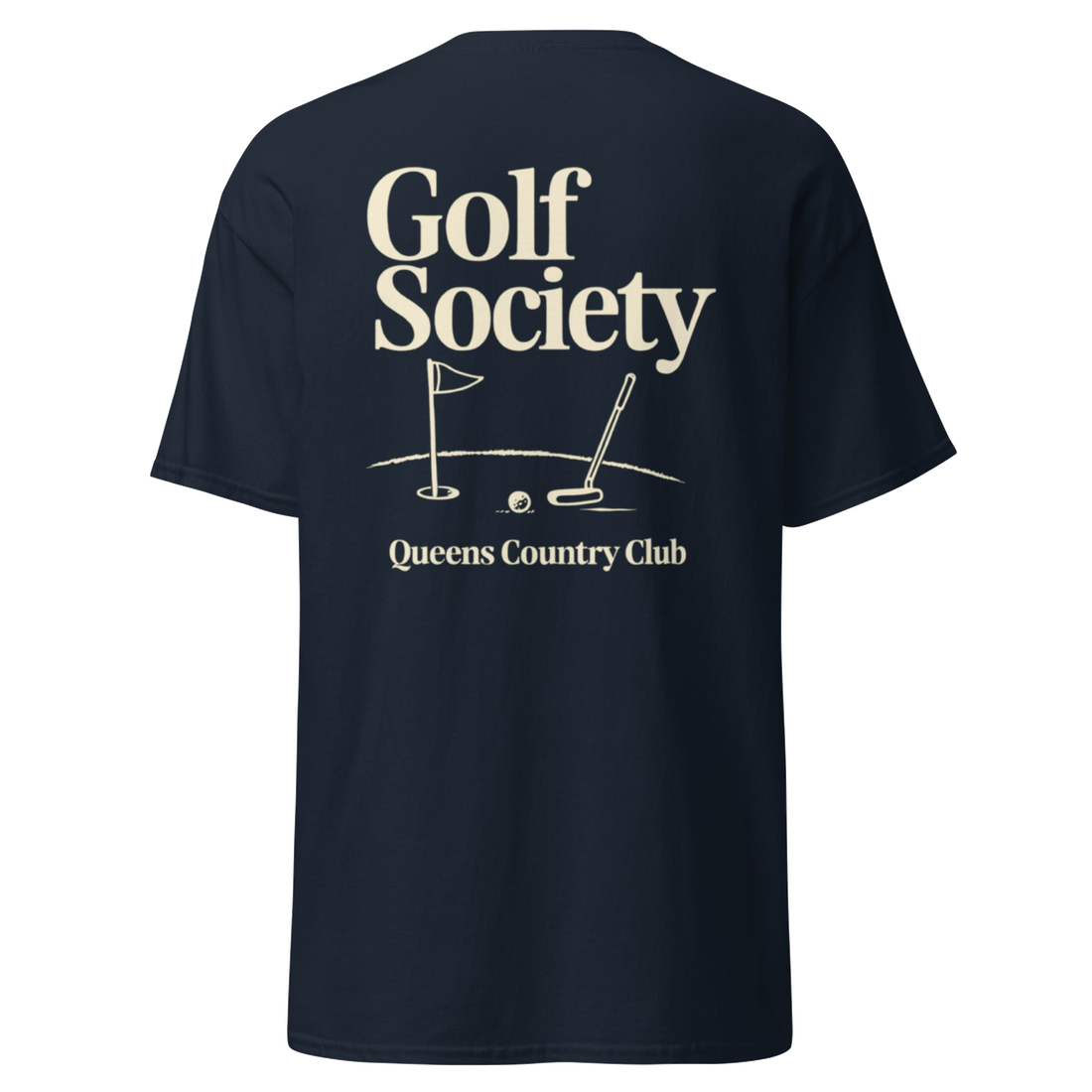 Queens Country Club Golf Society tee in Navy, back view with flagstick and putter graphic