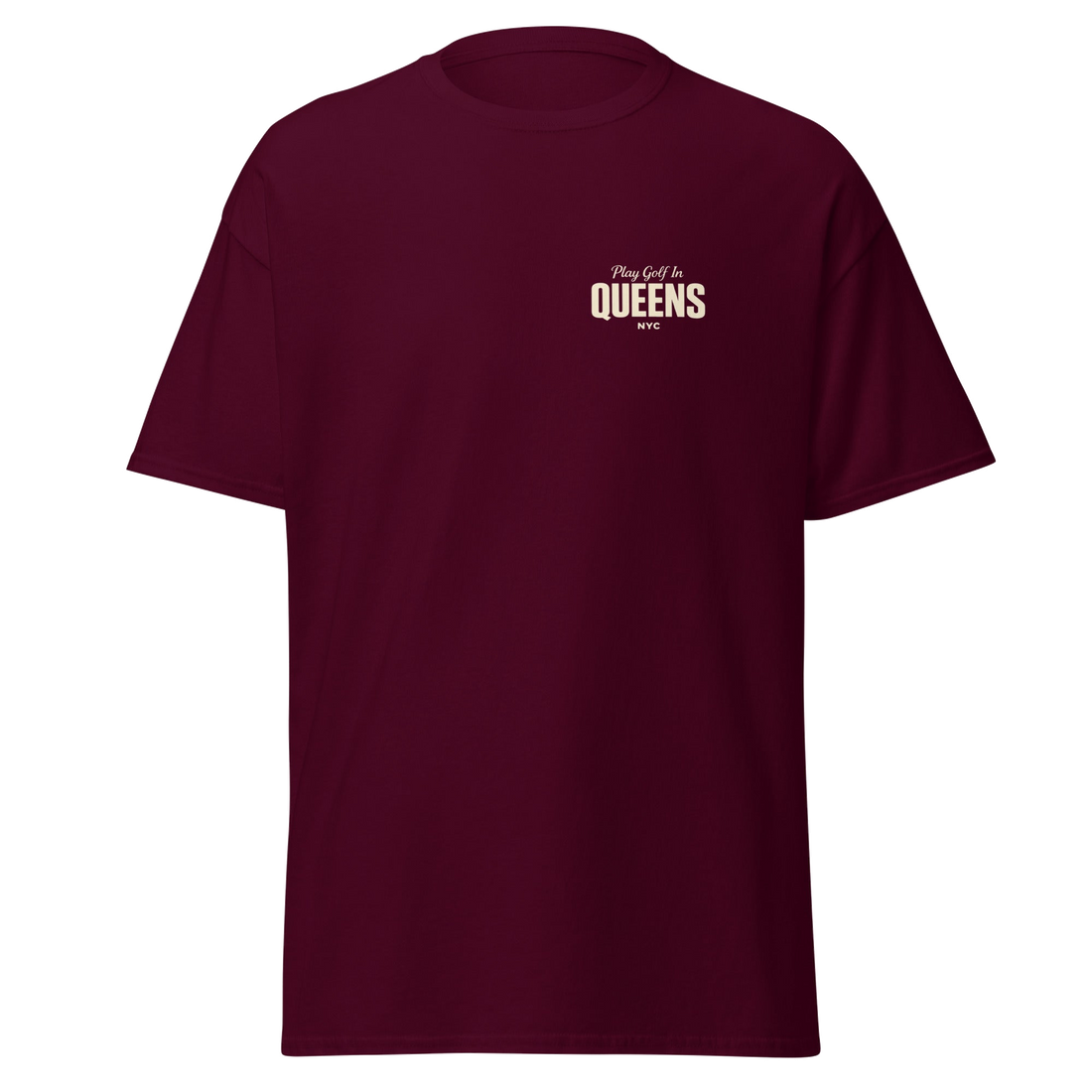 Queens Country Club Golf Society tee in Maroon, front view with Play Golf in Queens NYC chest print