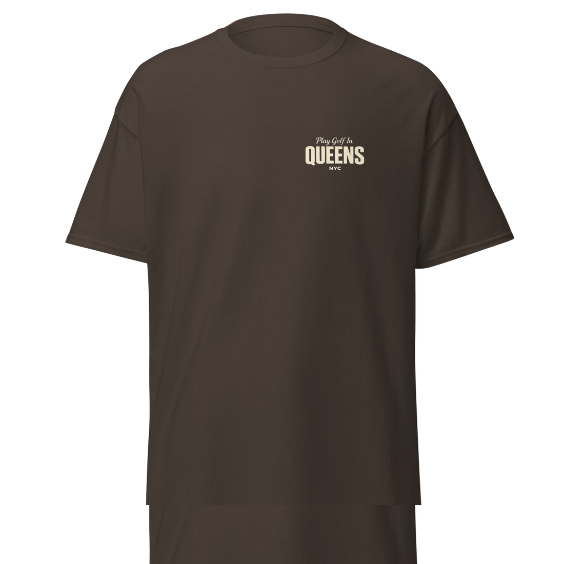 Queens Country Club Golf Society tee in Dark Chocolate, front view with Play Golf in Queens NYC chest print