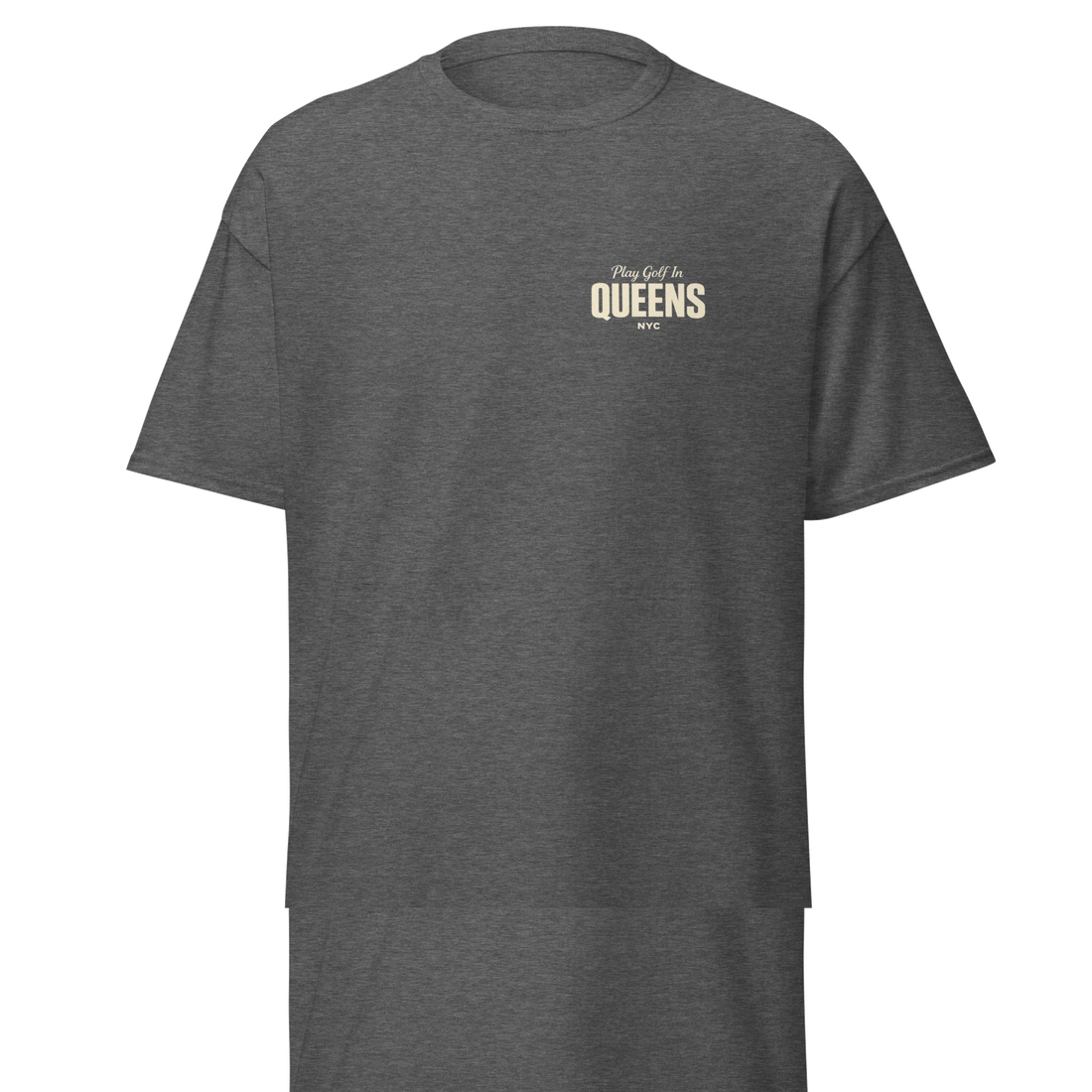 Queens Country Club Golf Society tee in Dark Heather, front view with Play Golf in Queens NYC chest print