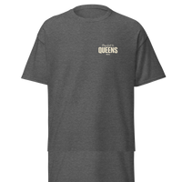 Queens Country Club Golf Society tee in Dark Heather, front view with Play Golf in Queens NYC chest print