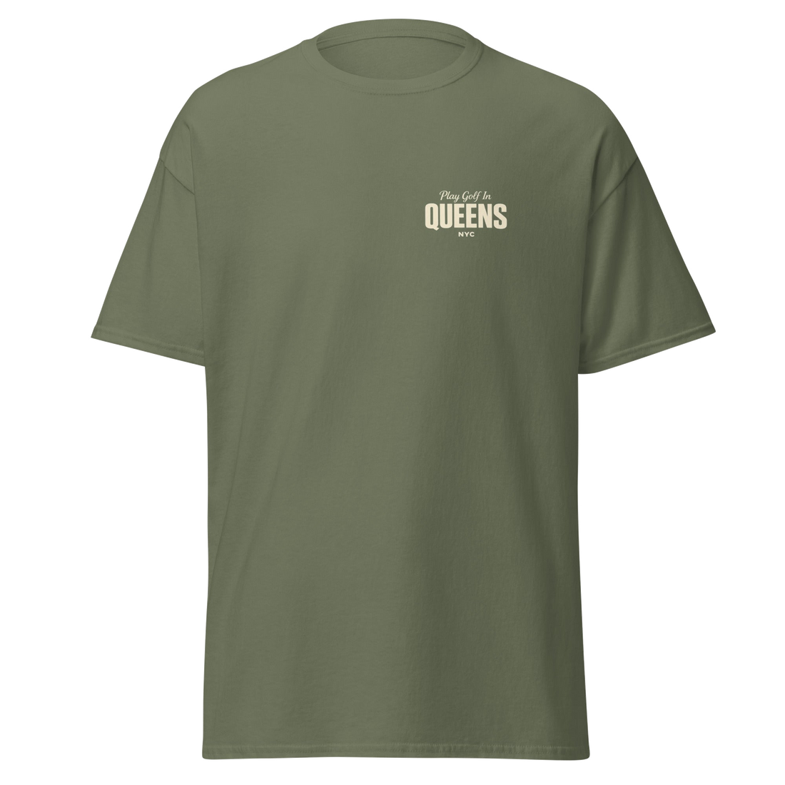 Queens Country Club Golf Society tee in Military Green, front view with Play Golf in Queens NYC chest print