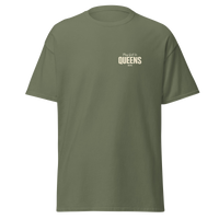 Queens Country Club Golf Society tee in Military Green, front view with Play Golf in Queens NYC chest print