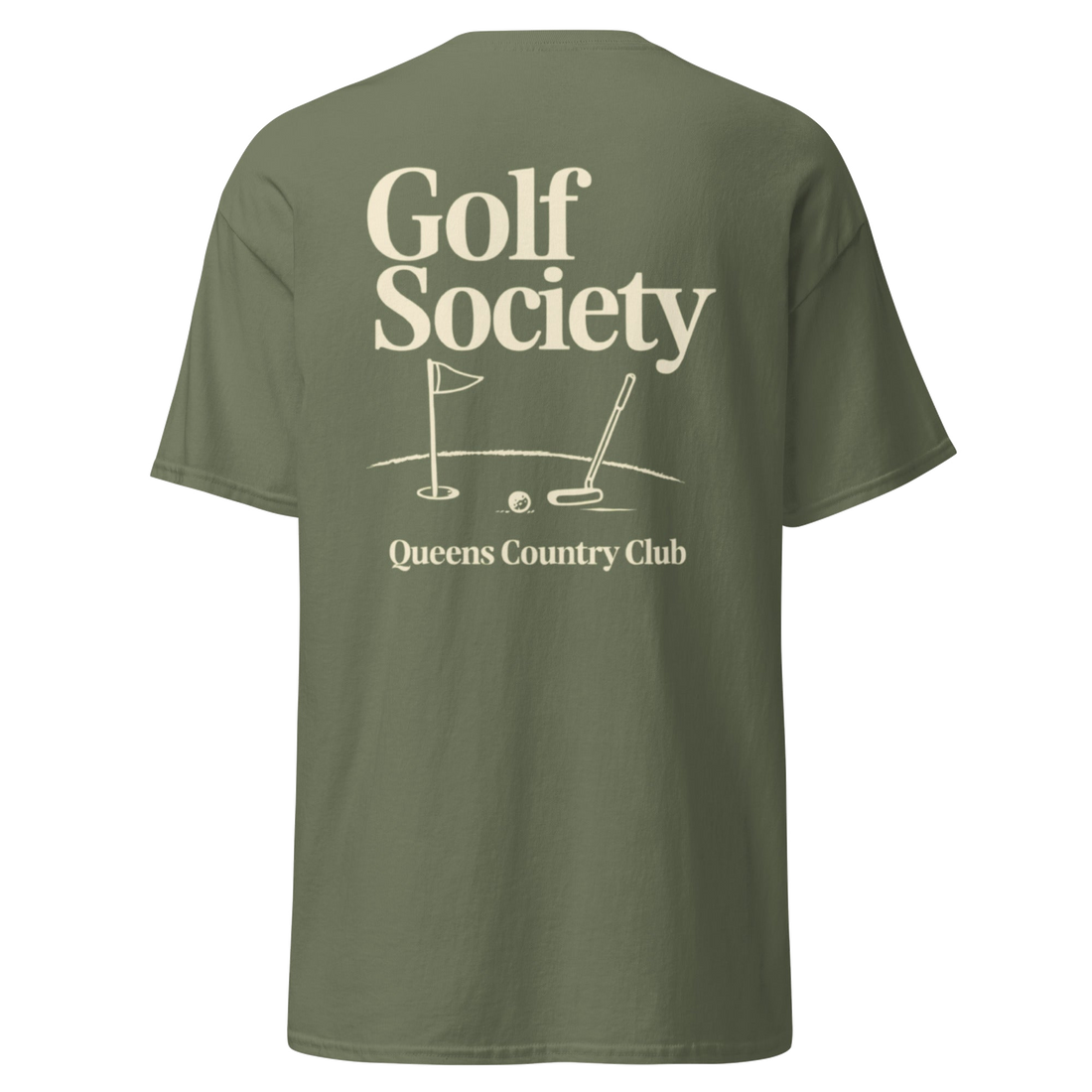 Queens Country Club Golf Society tee in Military Green, back view with flagstick and putter graphic