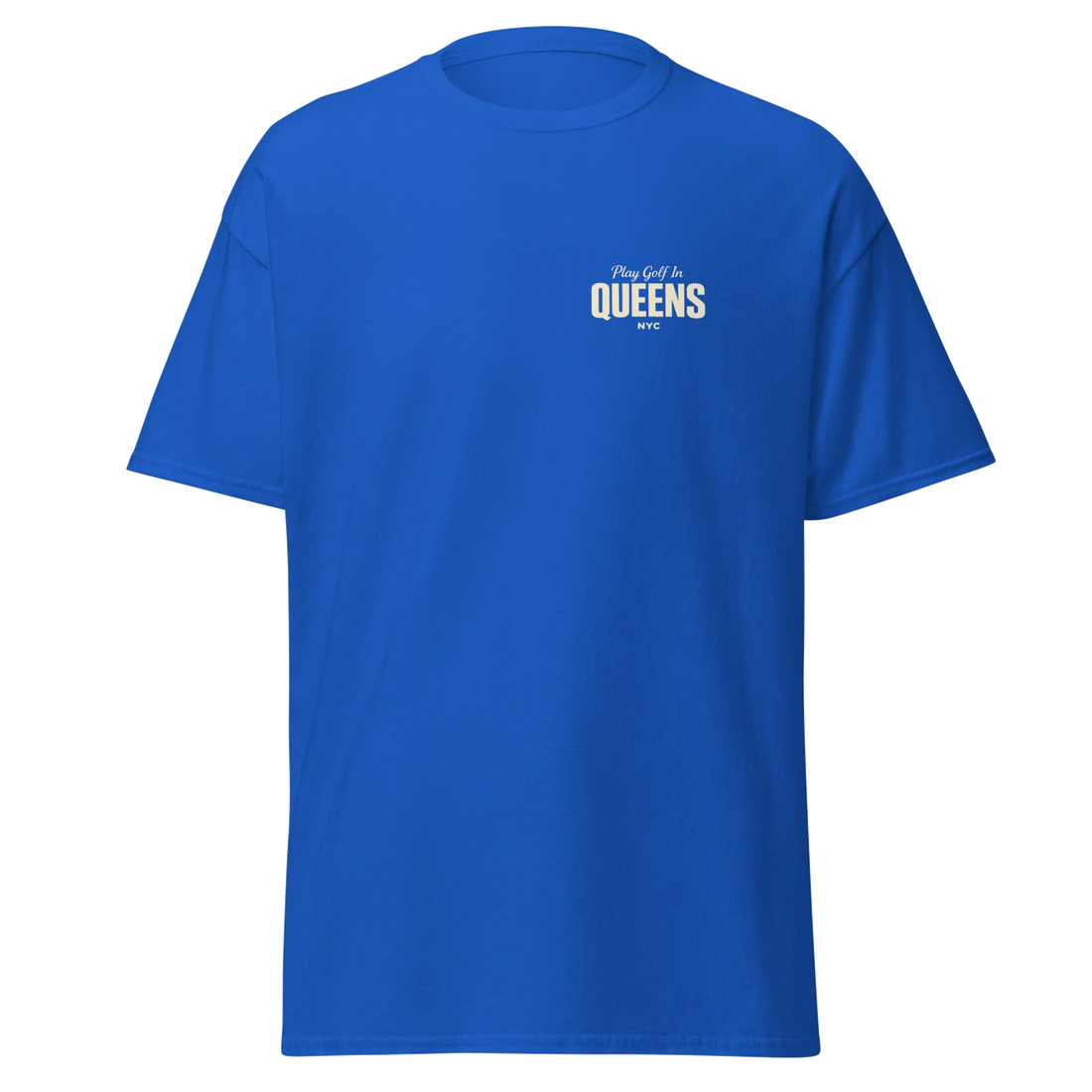 Queens Country Club Golf Society tee in Royal, front view with Play Golf in Queens NYC chest print