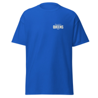 Queens Country Club Golf Society tee in Royal, front view with Play Golf in Queens NYC chest print