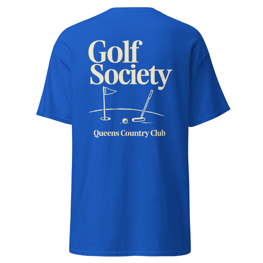 Queens Country Club Golf Society tee in Royal, back view with flagstick and putter graphic