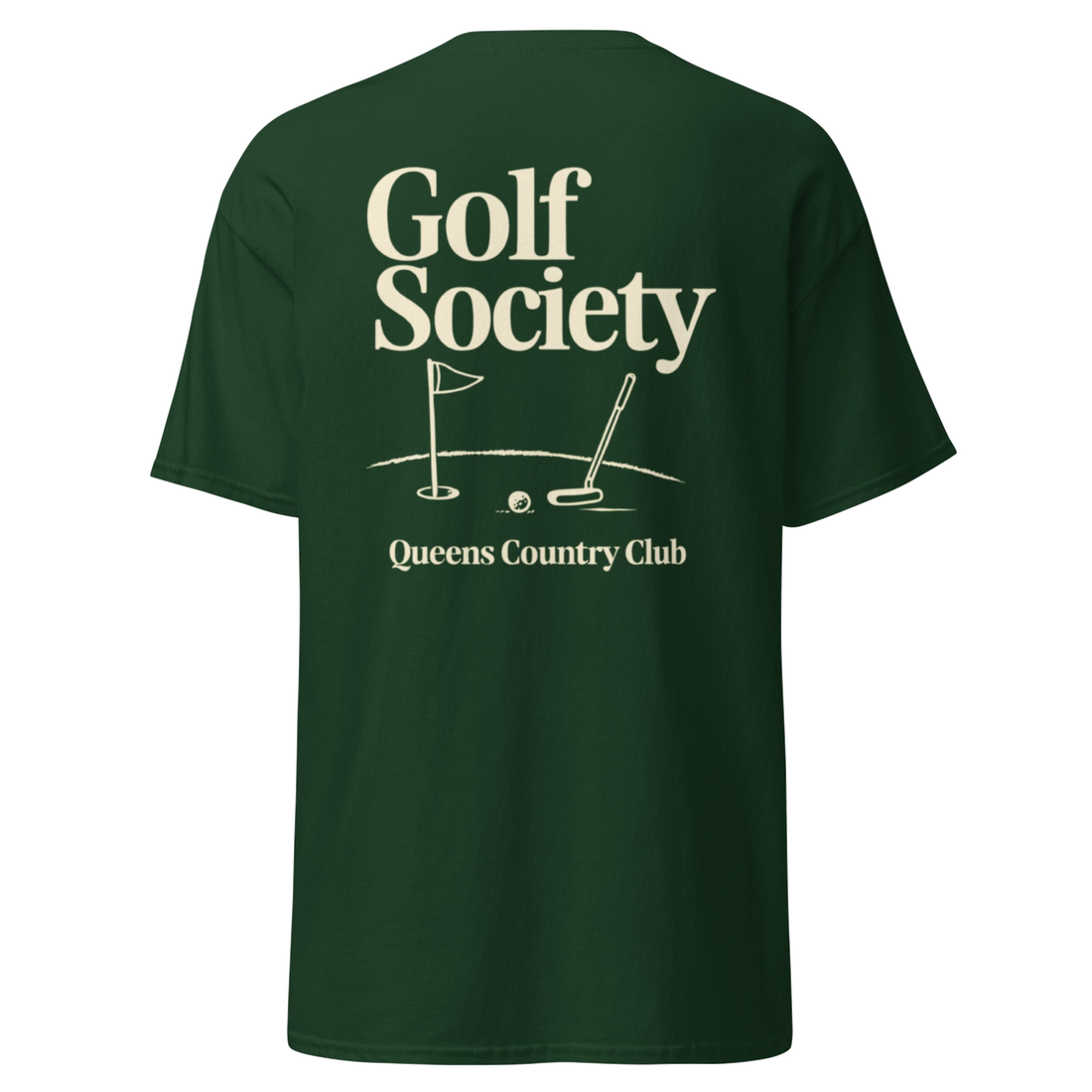 Queens Country Club Golf Society tee in Forest Green, back view with flagstick and putter graphic