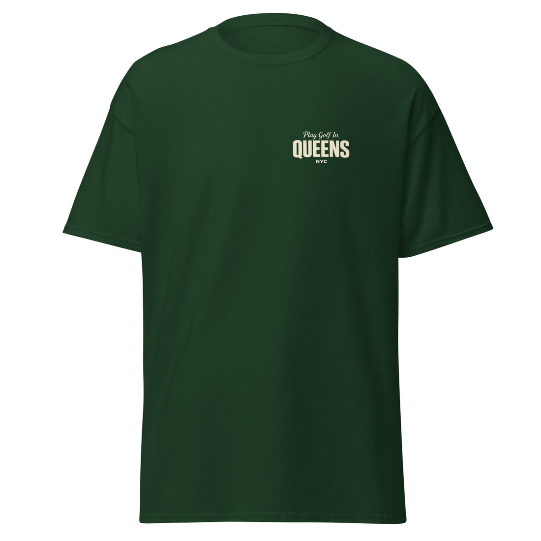 Queens Country Club Golf Society tee in Forest Green, front view with Play Golf in Queens NYC chest print