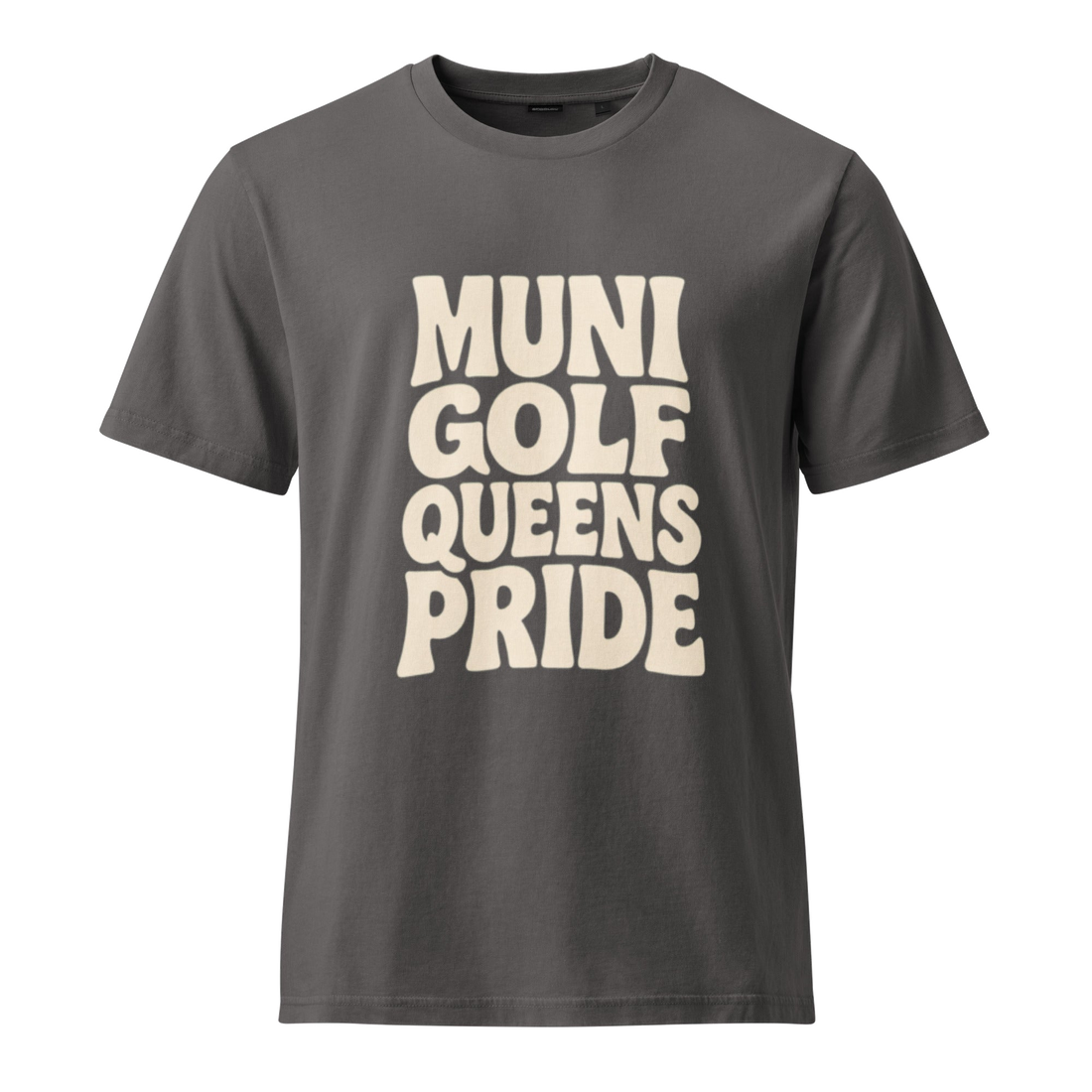 Gray t-shirt with 'MUNI GOLF QUEENS PRIDE' text | Queens Country Club
