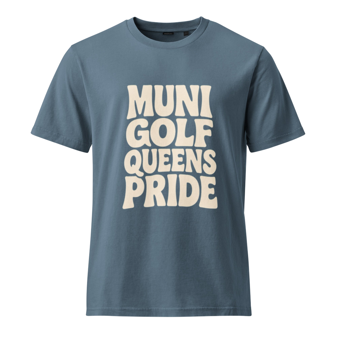 Blue t-shirt with 'MUNI GOLF QUEENS PRIDE' text | Queens Country Club