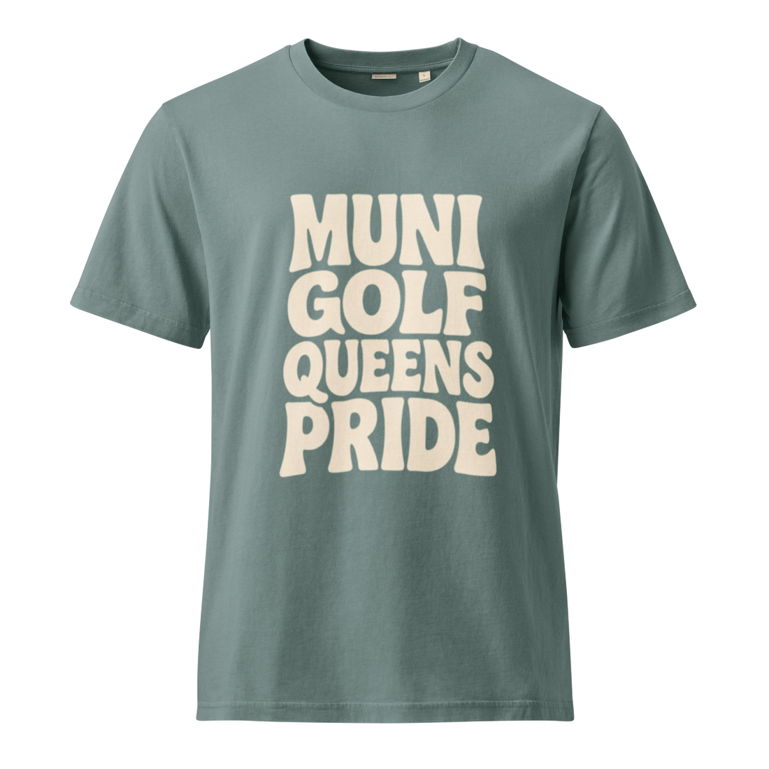 Green t-shirt with 'MUNI GOLF QUEENS PRIDE' text | Queens Country Club
