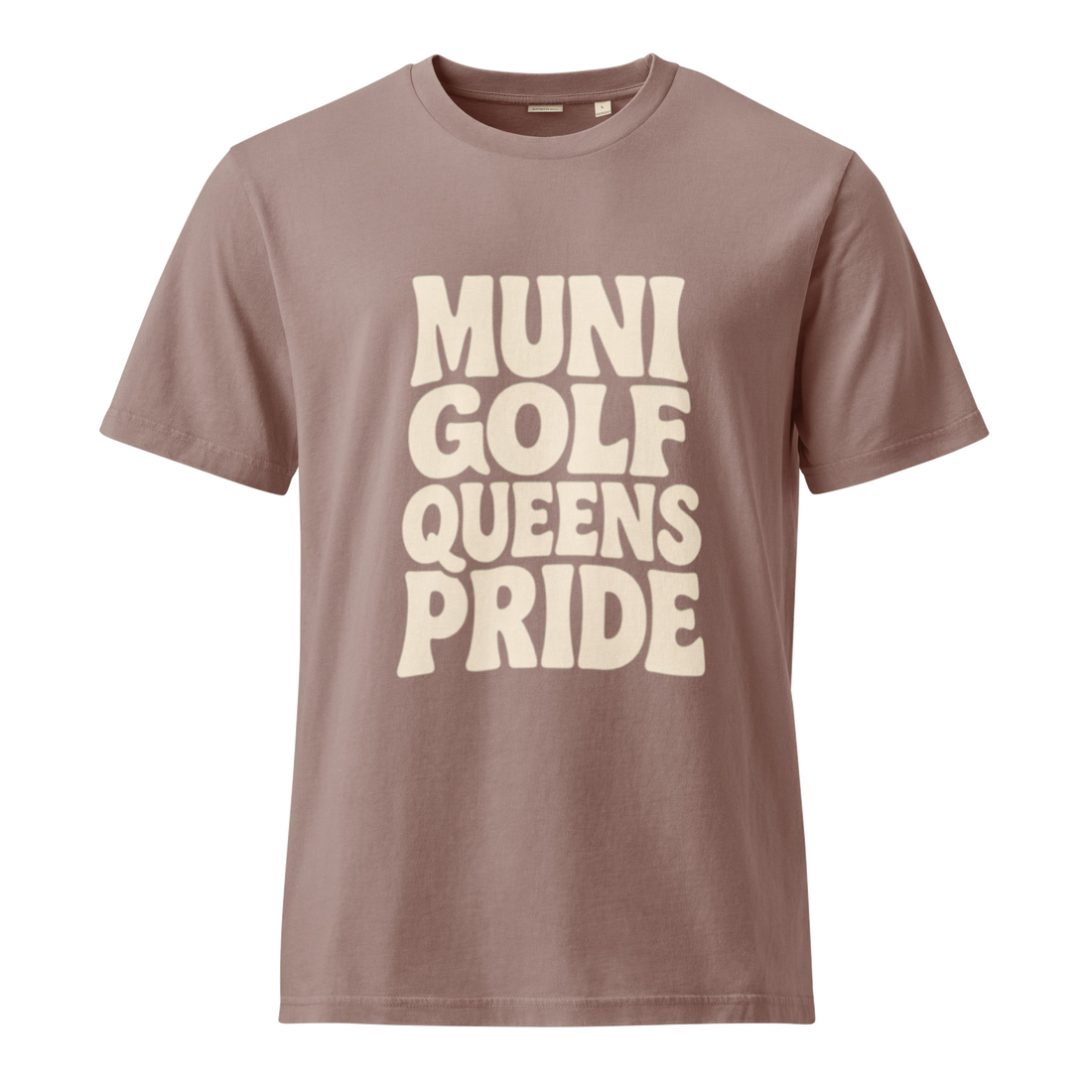 Brown t-shirt with 'MUNI GOLF QUEENS PRIDE' text | Queens Country Club