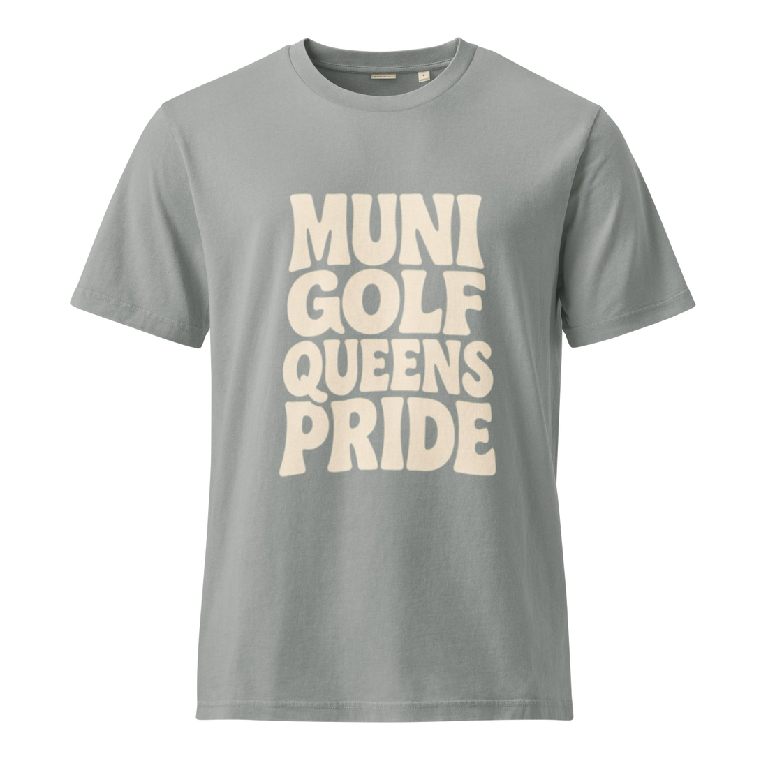 Gray t-shirt with 'MUNI GOLF QUEENS PRIDE' text | Queens Country Club