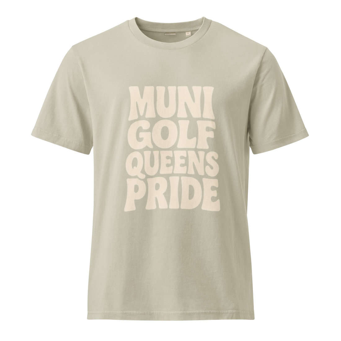 Beige t-shirt with 'MUNI GOLF QUEENS PRIDE' text | Queens Country Club
